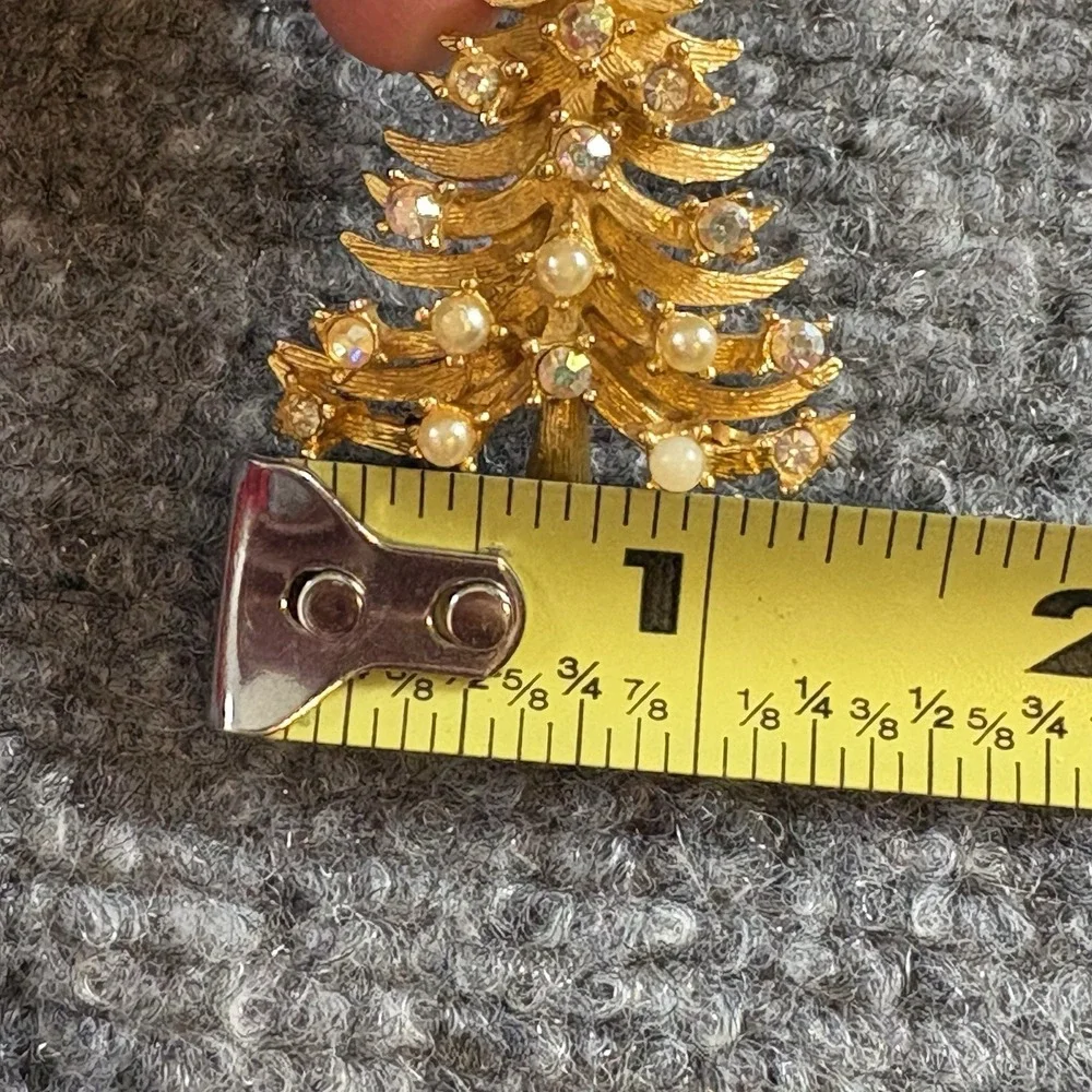 VTG MCM MYLU‎ Christmas Tree Brooch Gold Tone Rhinestone Pearl 2" Holiday Pin - Picture 6 of 10